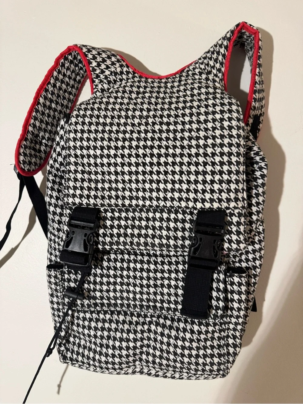Houndstooth Print Backpack Diaper Bag with Red Trim